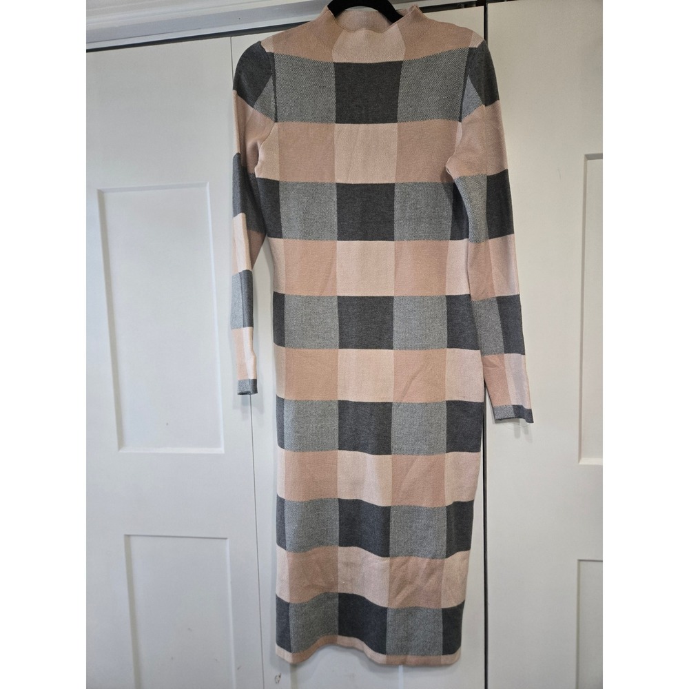 Nina Leonard Tan Grey Check Mock Neck Long Sleeve Knit Midi Sweater Dress M